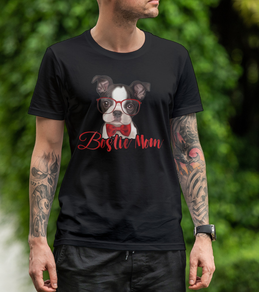 Bostie Mom Funny Boston Dog With Glasses And Bow Tie T-Shirt