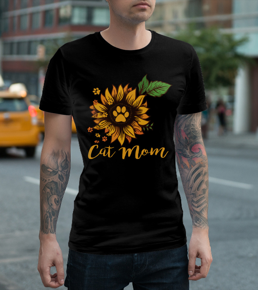 Cat Mom Sunflower Paw Prints T-Shirt