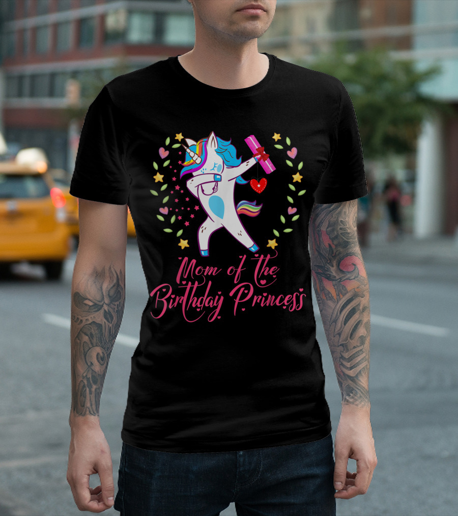 Mom of the Birthday Princess Unicorn Stars Hearts Rainbow T-Shirt