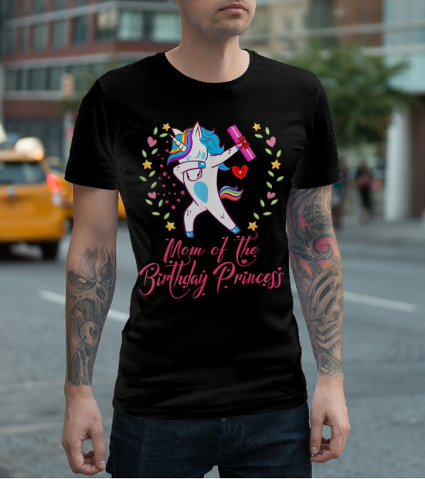 Mom Of The Birthday Princess Unicorn Stars Hearts Rainbow T-Shirt