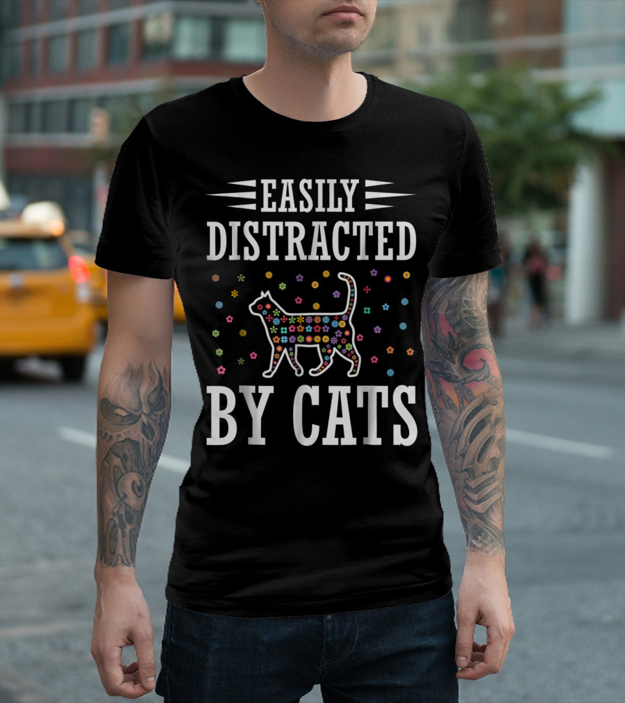 Easily Distracted By Cats Colorful Floral Cat T-Shirt