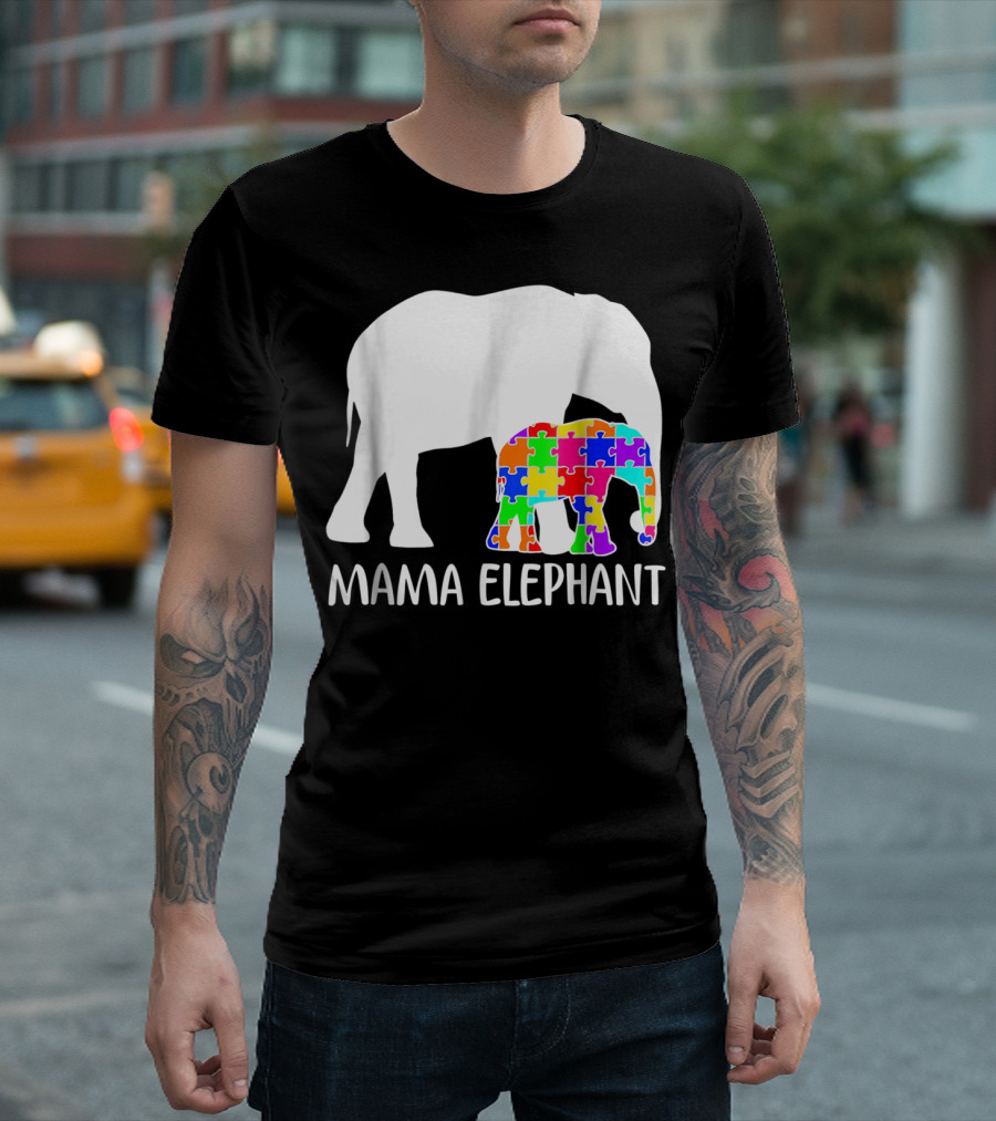 Mama Elephant Autism Awareness Puzzle Elephant Mother T-Shirt