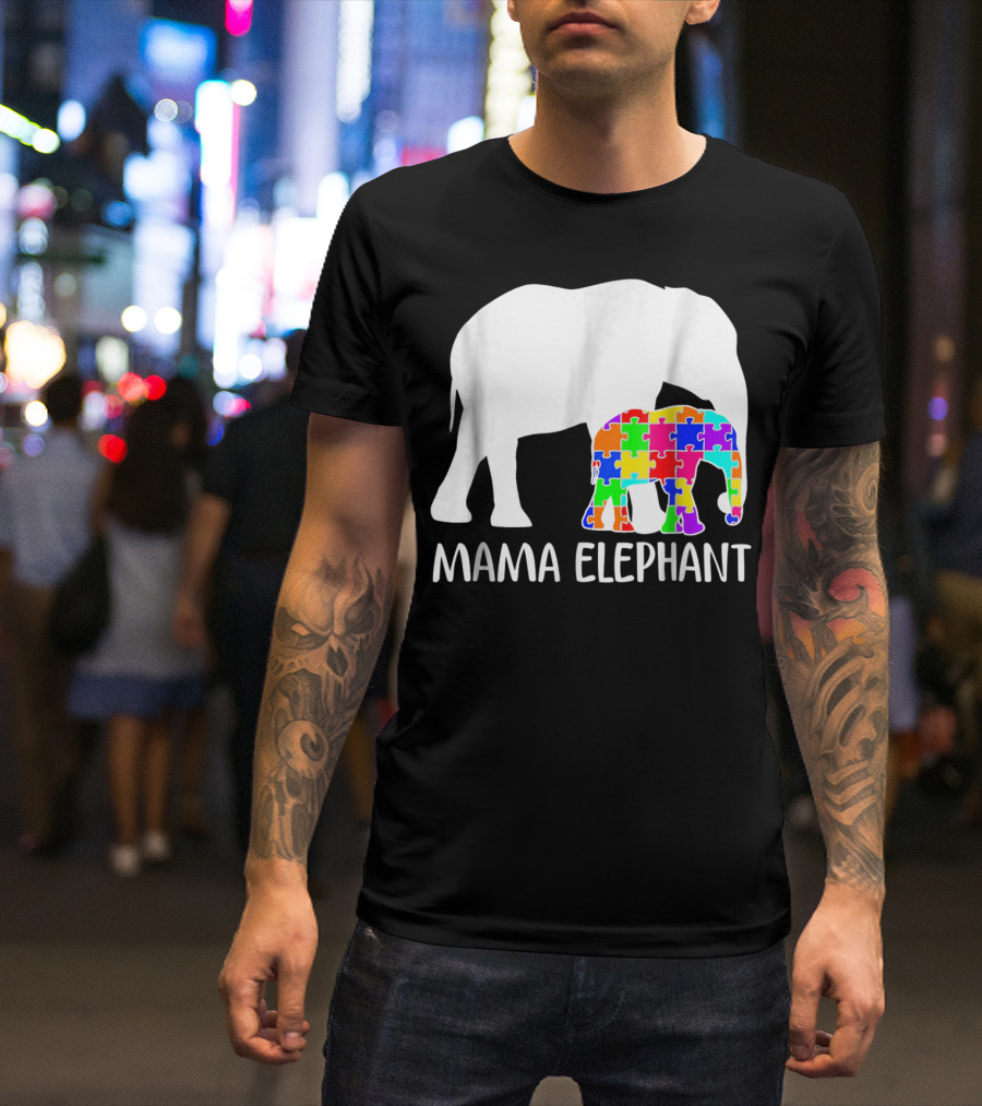 Mama Elephant Autism Awareness Puzzle Elephant Mother T-Shirt