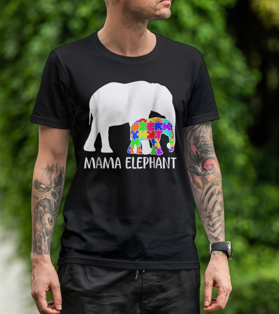 Mama Elephant Autism Awareness Puzzle Elephant Mother T-Shirt