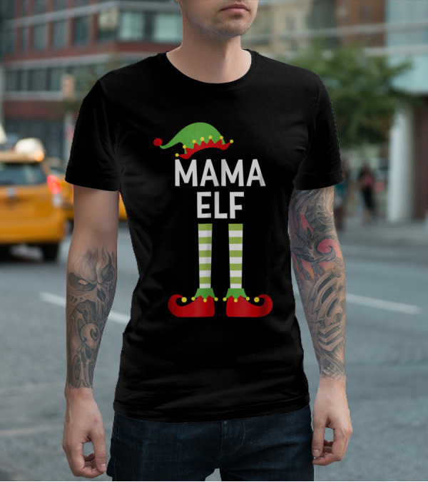Mama Elf Mom Cute Matching Family Christmas Elves Green Hat Red Shoes Striped Socks T-Shirt