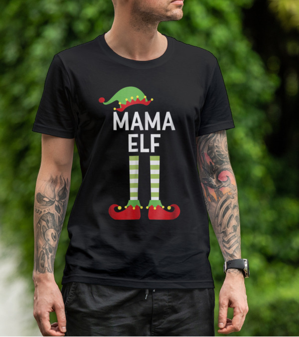 Mama Elf Mom Cute Matching Family Christmas Elves Green Hat Red Shoes Striped Socks T-Shirt