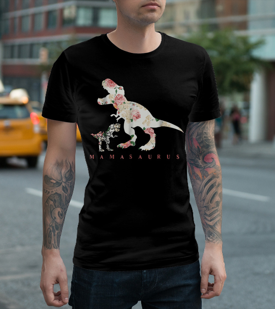 Mamasaurus Autism Awareness Floral Puzzle Dinosaur Mom T-Shirt