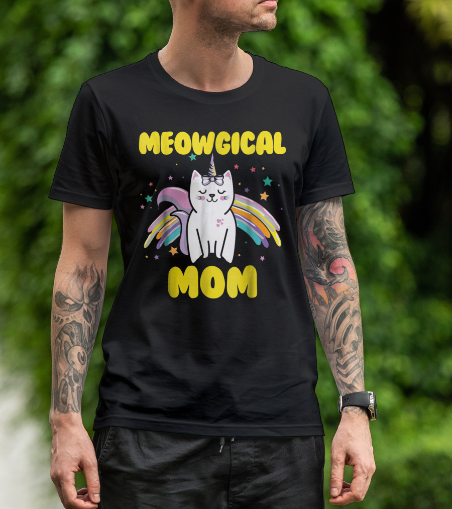 Meowgical Mom Magical Kitty Cat Unicorn Stars And Rainbow Wings T-Shirt