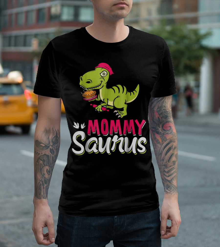 Mommy Saurus T-Rex Dinosaur with Burger and Red Bandana T-Shirt