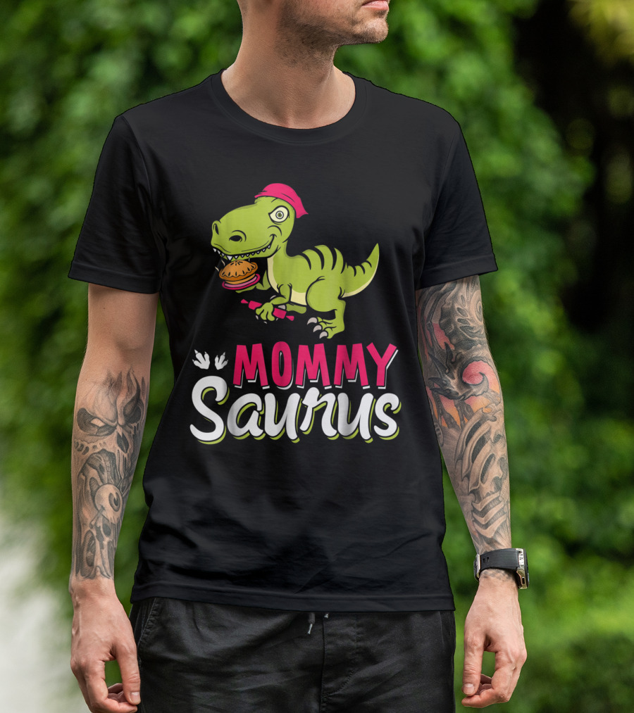 Mommy Saurus T-Rex Dinosaur With Burger And Red Bandana T-Shirt