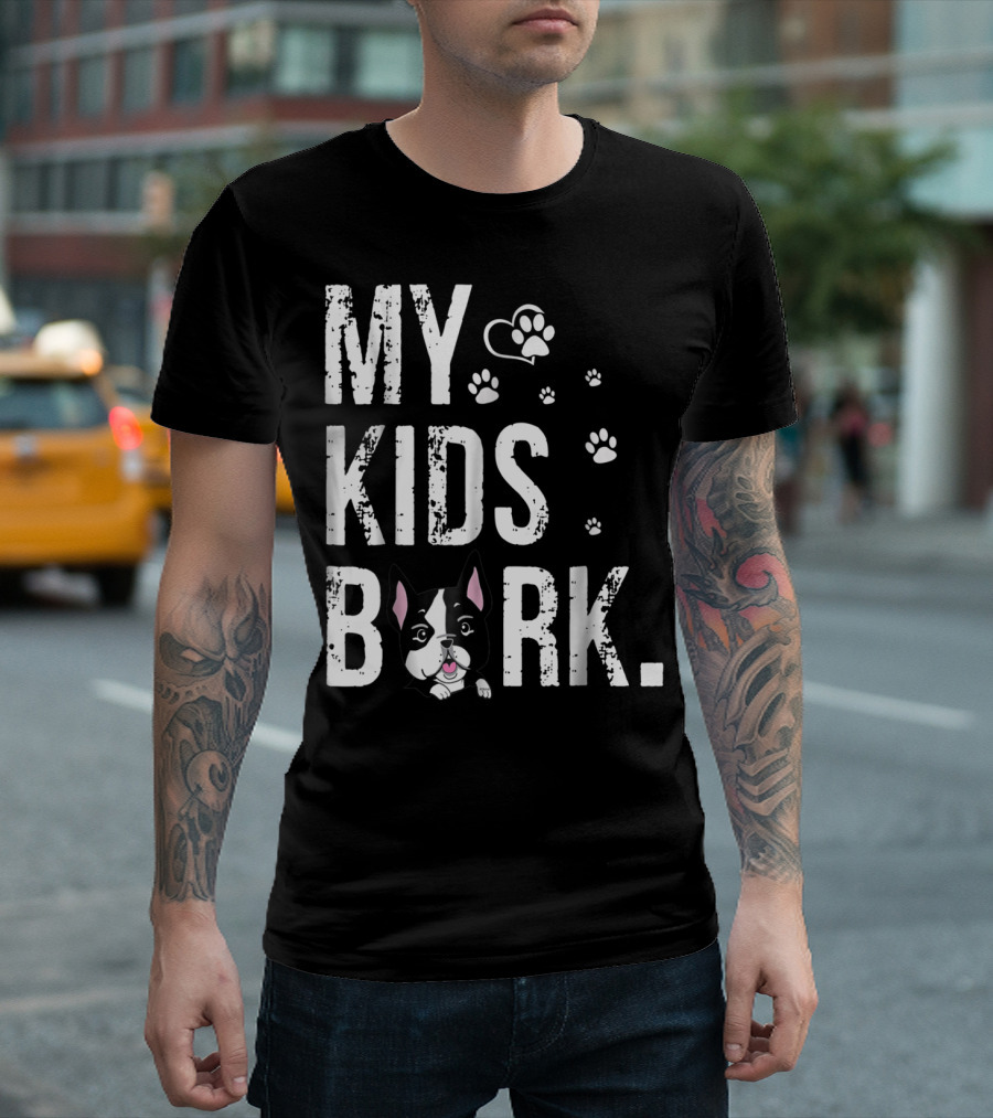 MY KIDS BARK Dog Paws Heart Icon Boston Terrier T-Shirt