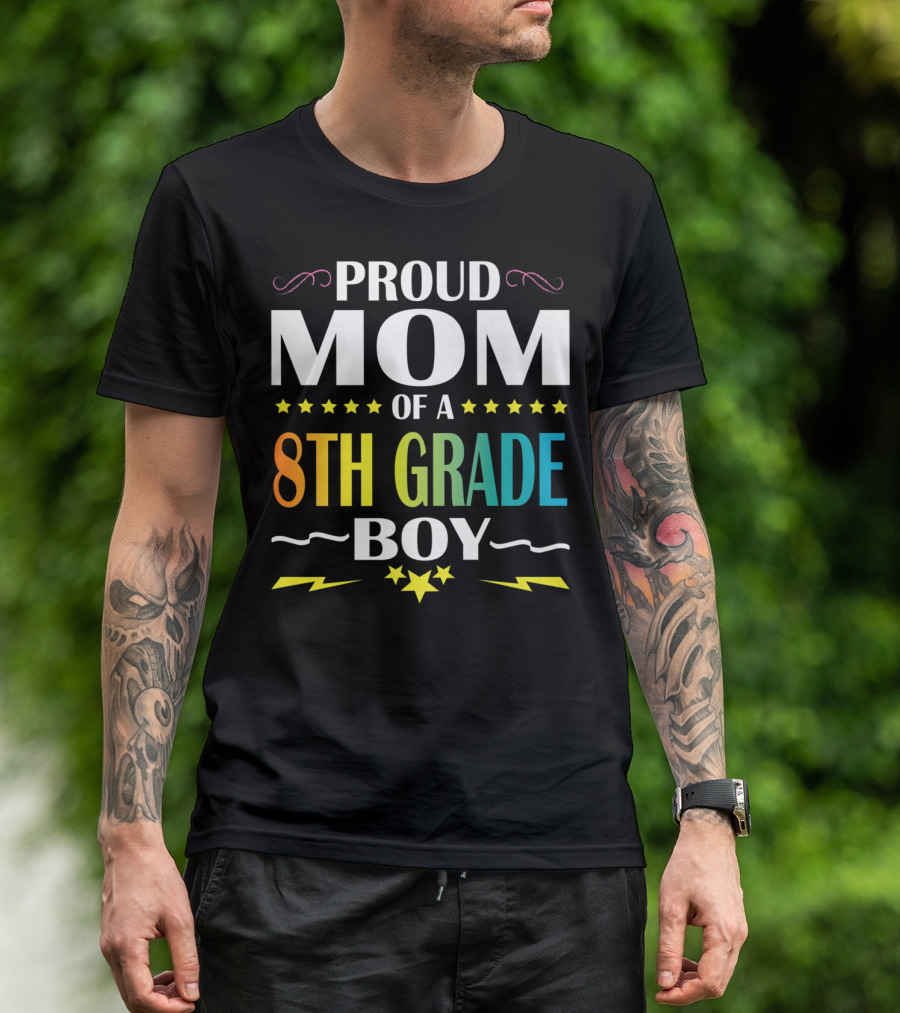 Proud Mom Of An 8th Grade Boy Distressed Stars Lightning First Day Of School T-Shirt