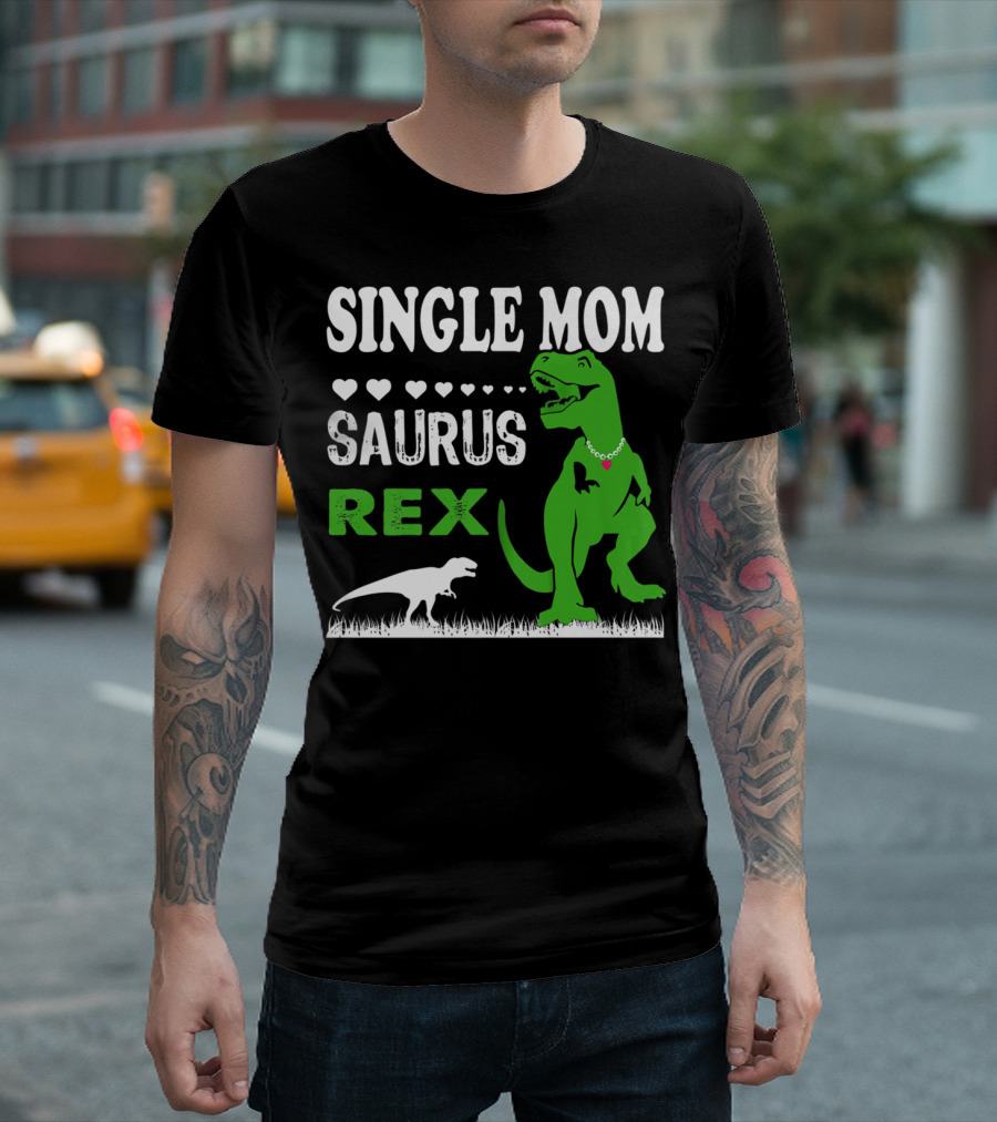 SINGLE MOM SAURUS REX Dinosaur Heart Necklace Pearls T-Shirt