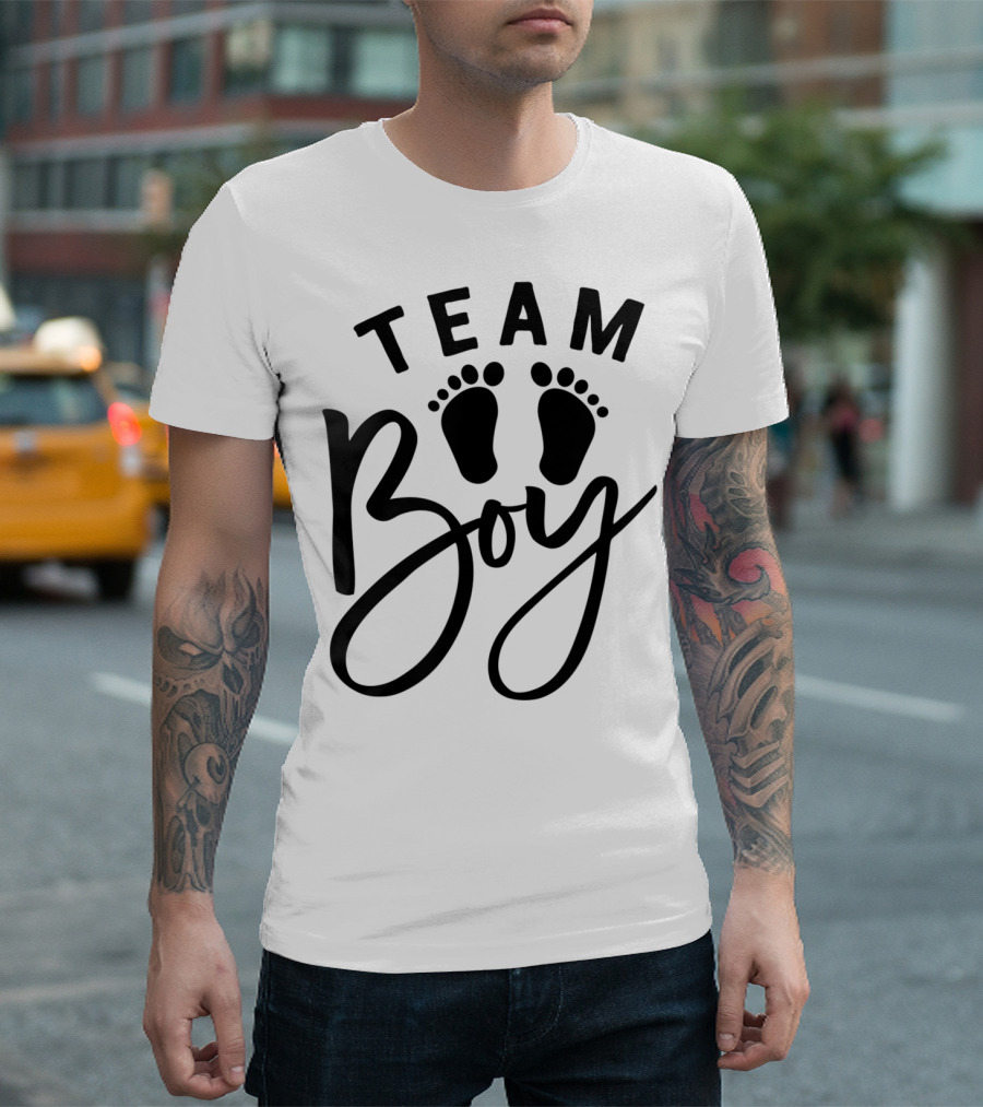 Team Boy Baby Gender Reveal Party Cute Dad Footprints T-Shirt