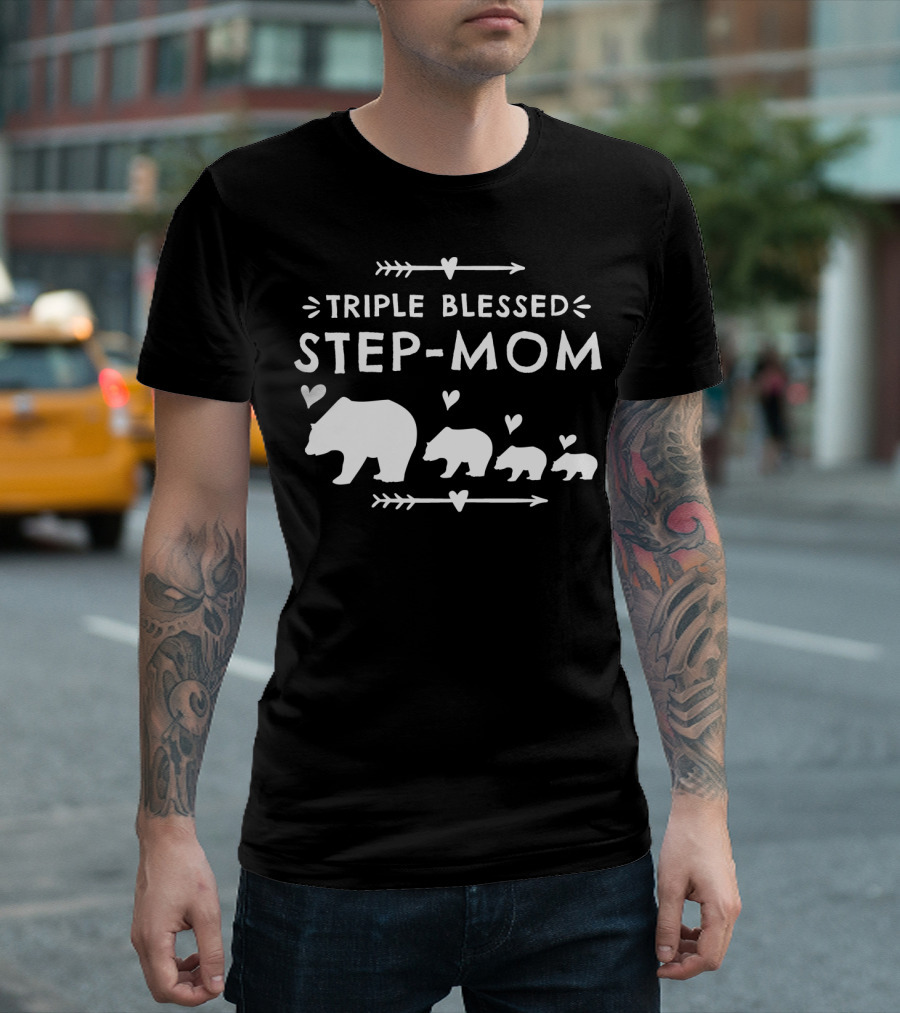 Triple Blessed Step-Mom Bear With Heart And Arrow Motif T-Shirt