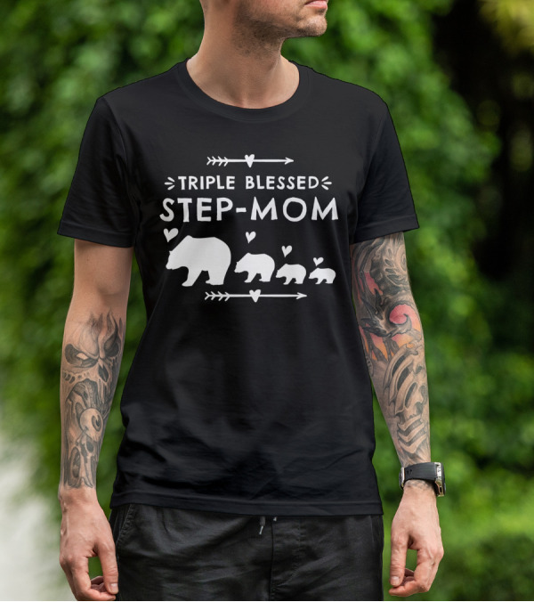 Triple Blessed Step-Mom Bear With Heart And Arrow Motif T-Shirt