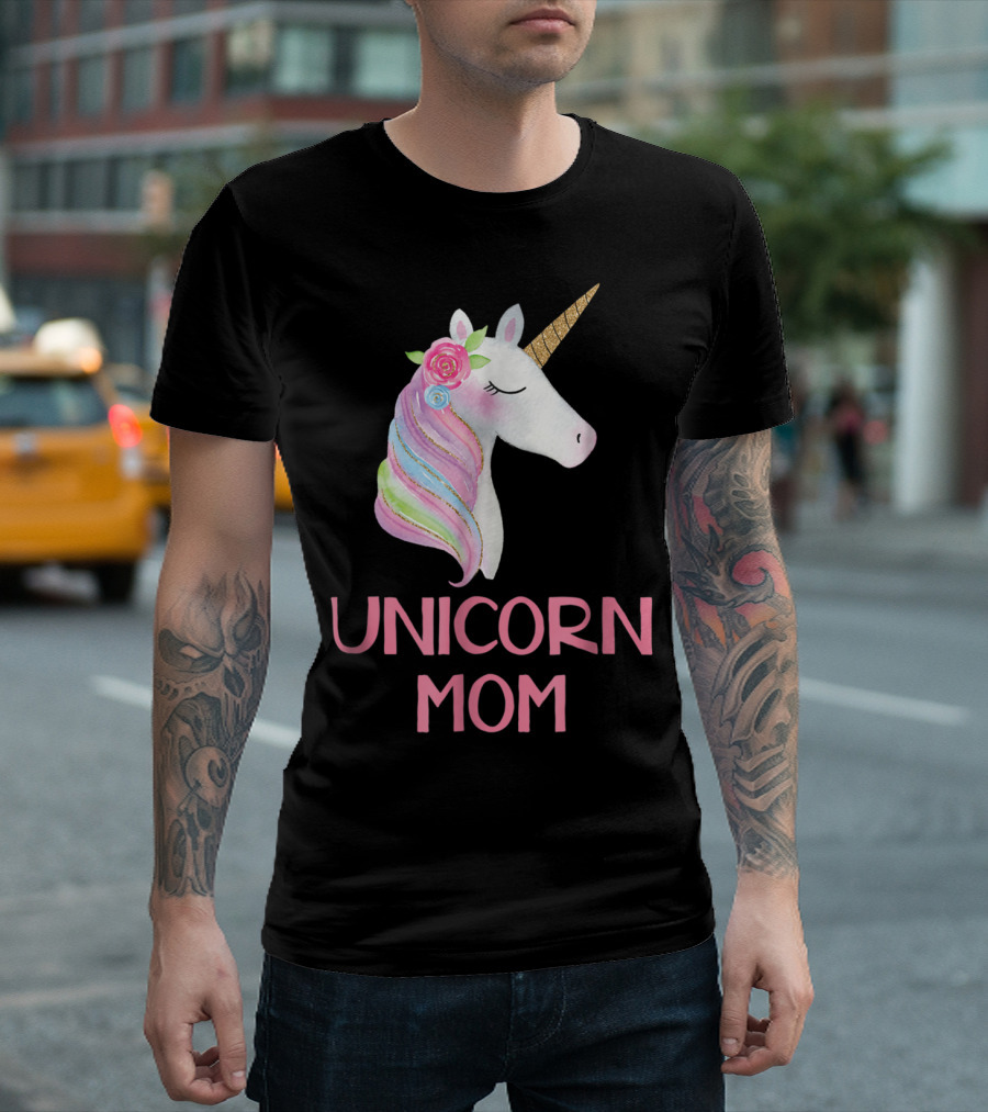 Unicorn Mom Watercolor Pink Flowers and Gold Horn Rainbow Mane T-Shirt