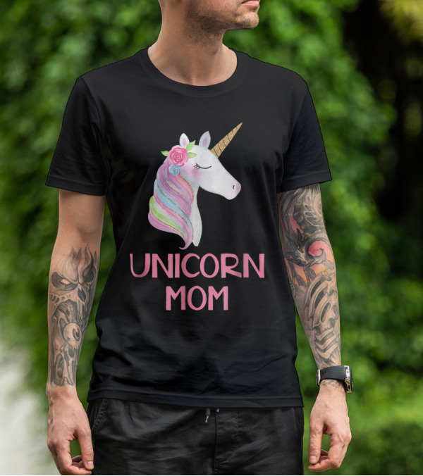 Unicorn Mom Watercolor Pink Flowers And Gold Horn Rainbow Mane T-Shirt
