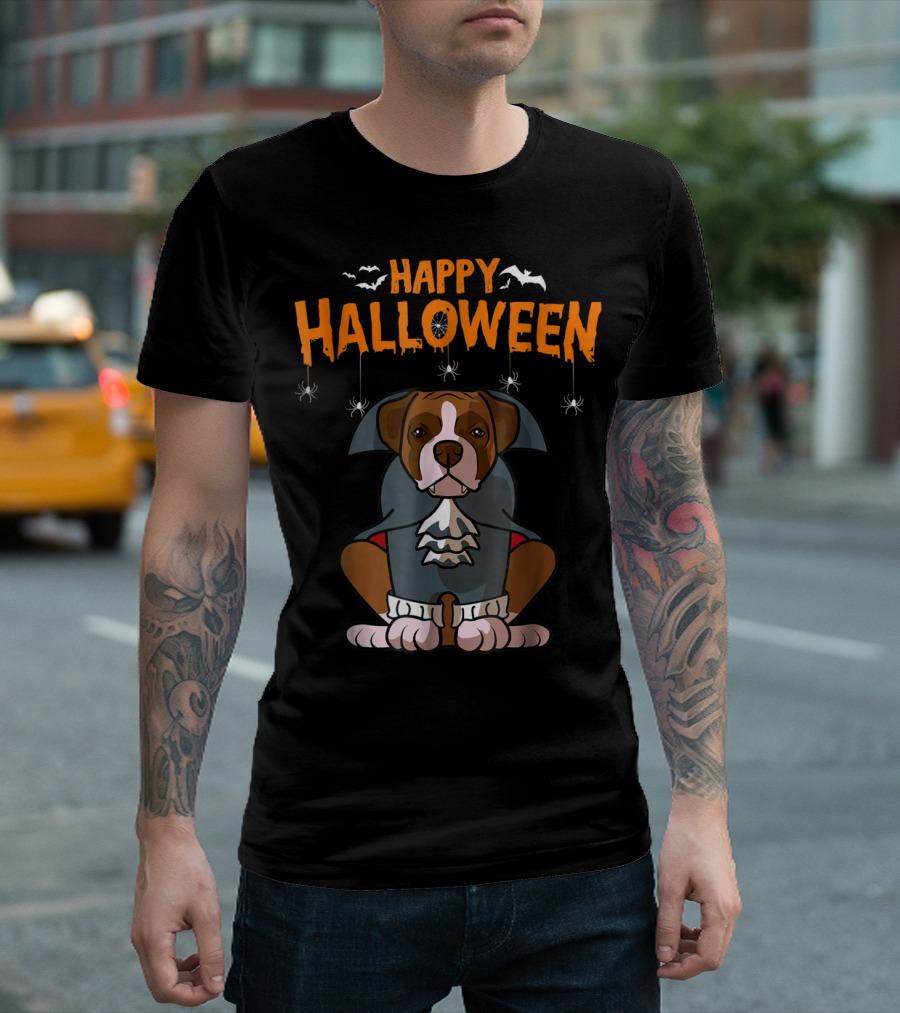 Happy Halloween Funny Boxer Dog Costume with Bats and Spiders T-Shirt