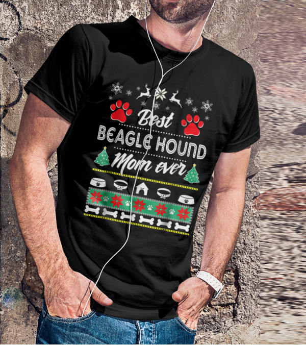 Best Beagle Hound Mom Ever Paw Trees Snowflakes And Bones T-Shirt