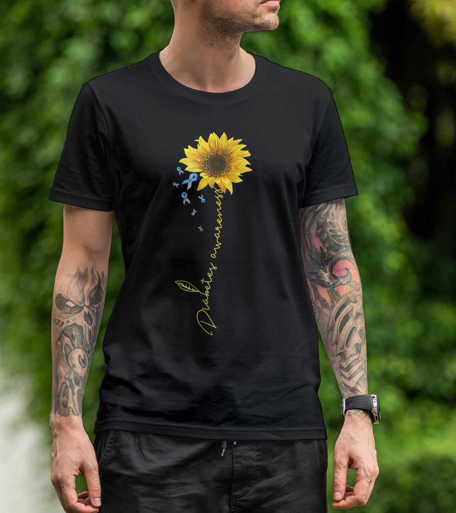Diabetes Awareness Sunflower With Blue Ribbons T-Shirt