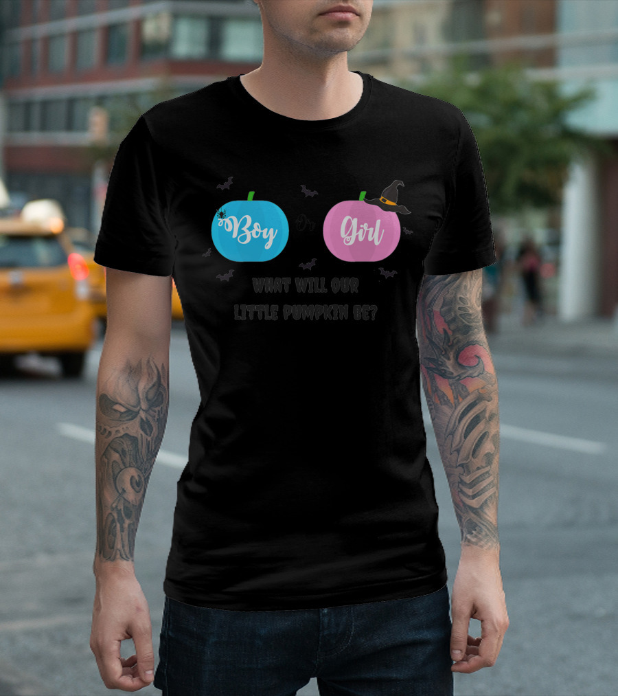 Boy Or Girl Halloween Gender Reveal What Will Our Little Pumpkin Be Dad Brother Sister78 T-Shirt
