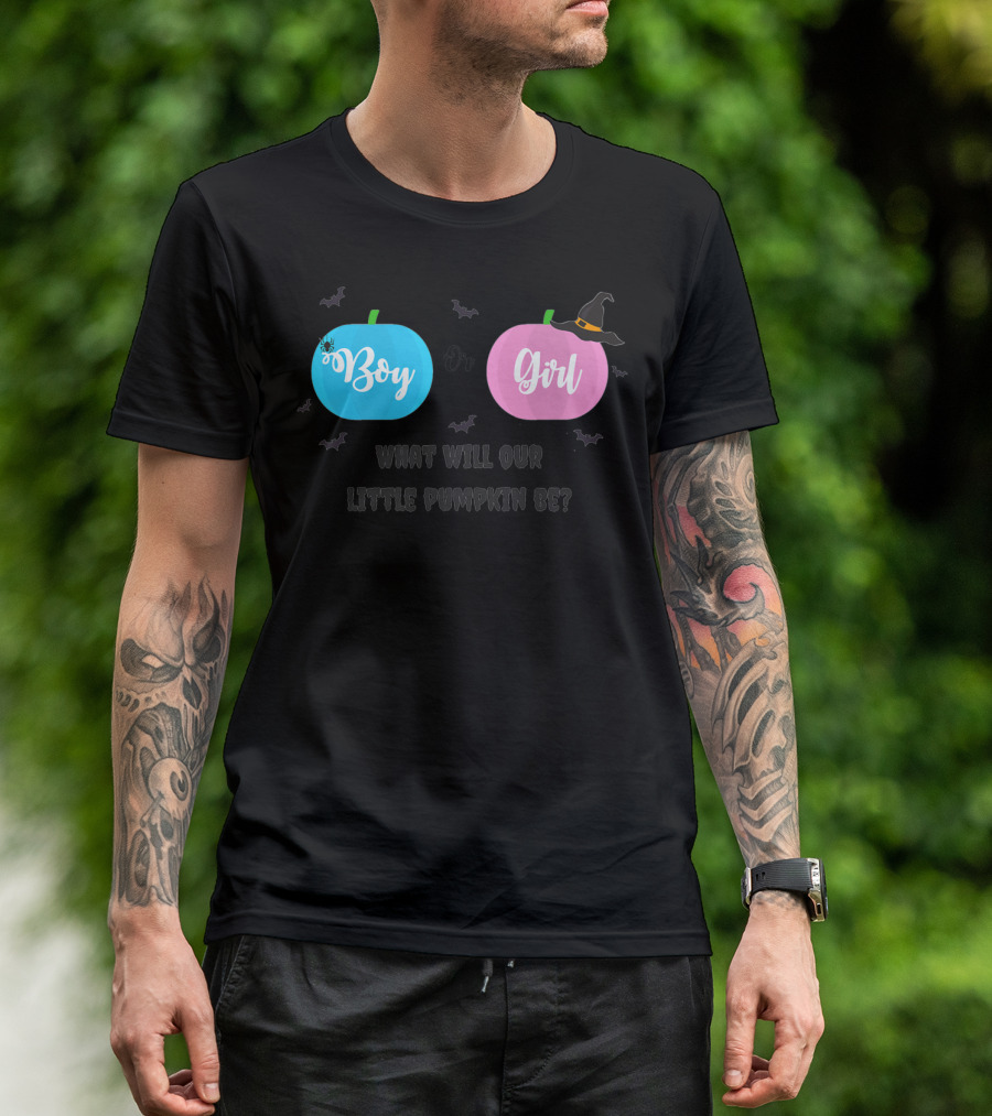 Boy Or Girl Halloween Gender Reveal What Will Our Little Pumpkin Be Dad Brother Sister78 T-Shirt