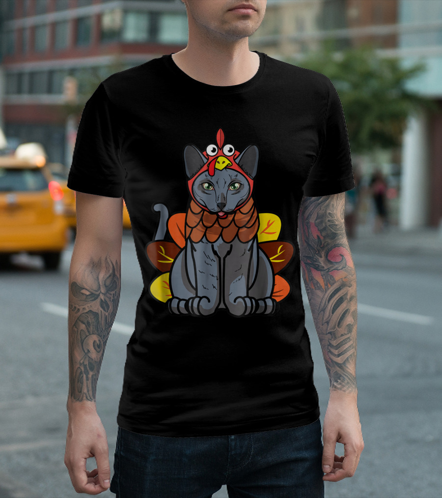 Thanksgiving Greetings Blue Cat Mom Owner With Turkey Costume T-Shirt