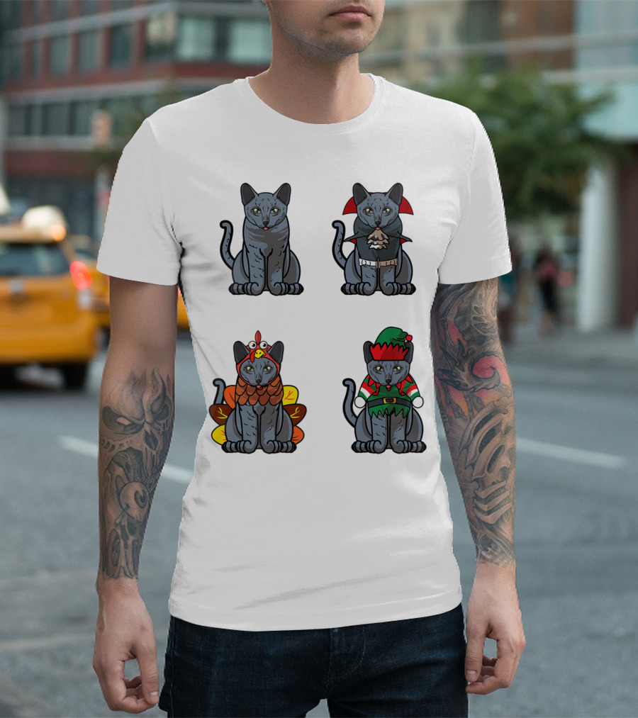 Blue Cat Halloween Thanksgiving Christmas Costumes T-Shirt
