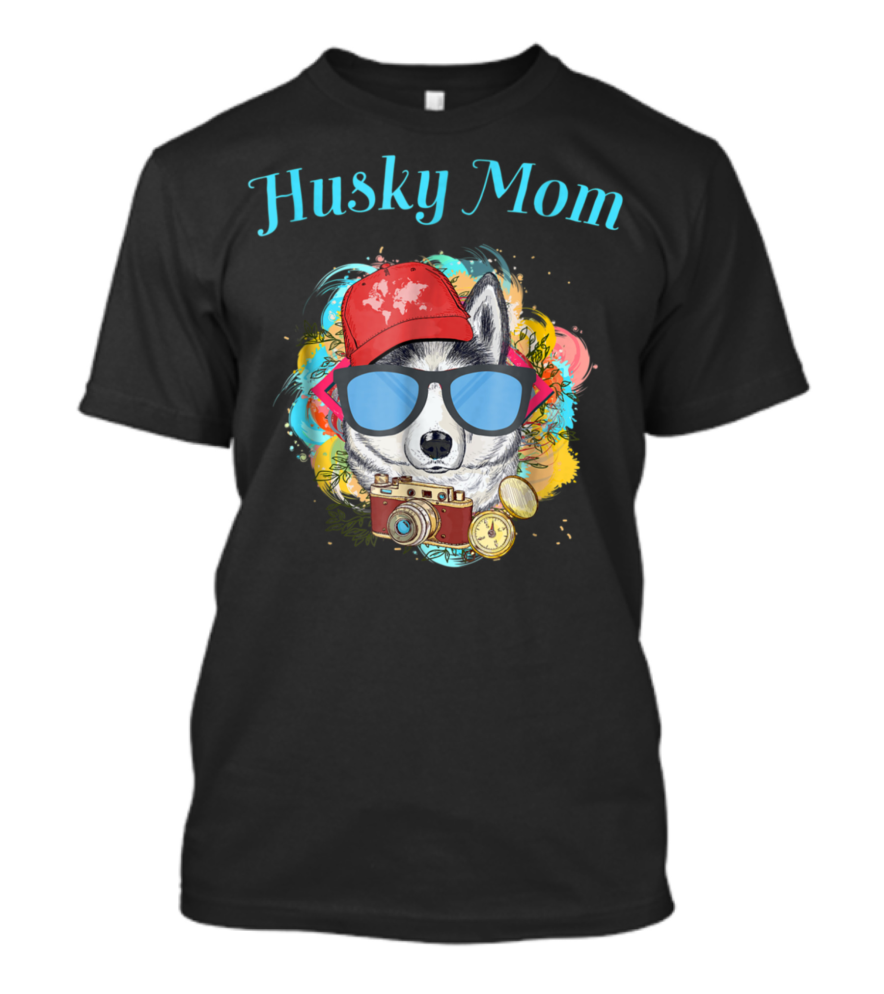 Husky Mom Dog With Red Cap And Sunglasses Surrounded By Camera T-Shirt