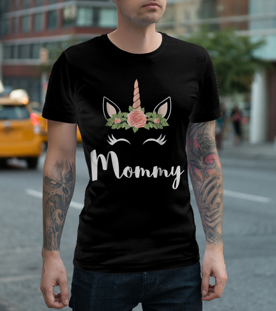 Mommy Cute Unicorn Face Mommy Flower Crown T-Shirt