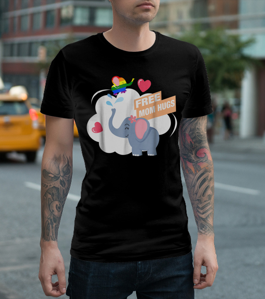 Free Mom Hugs Elephant Heart Rainbow Cloud T-Shirt