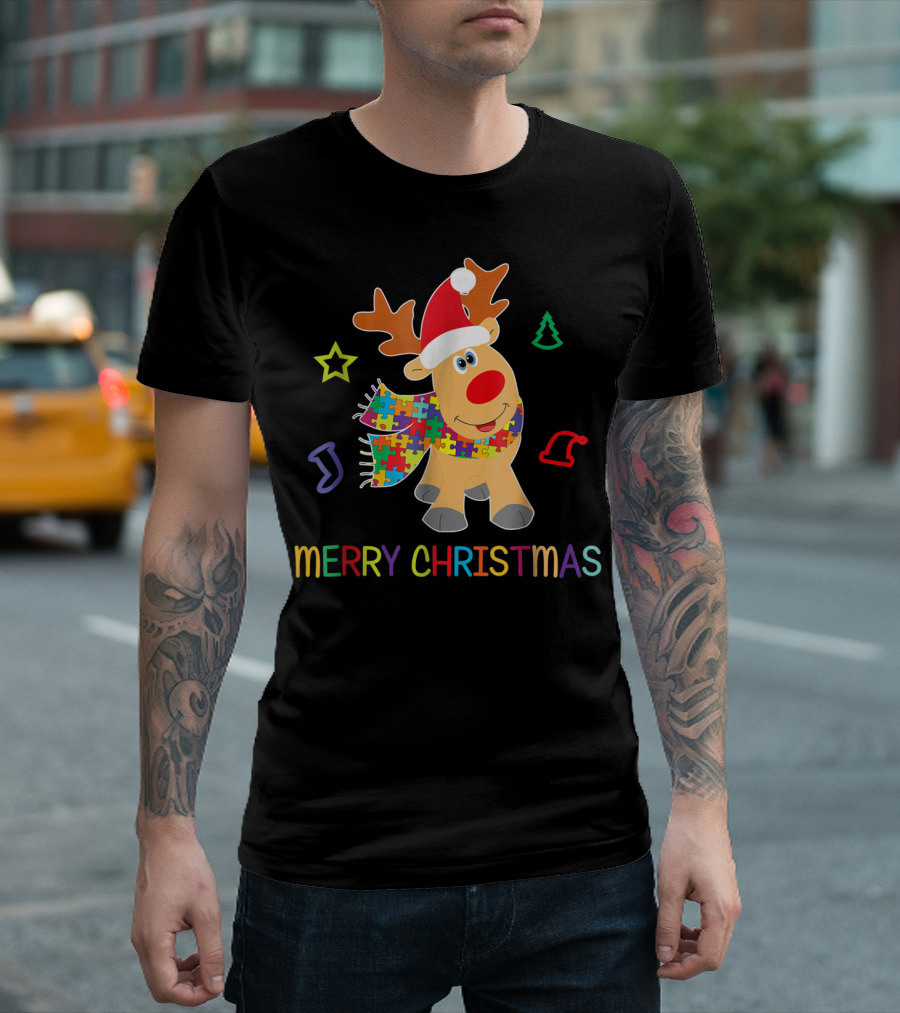 Merry Christmas Autism Awareness Reindeer Puzzle Scarf Holiday Kids 65 T-Shirt
