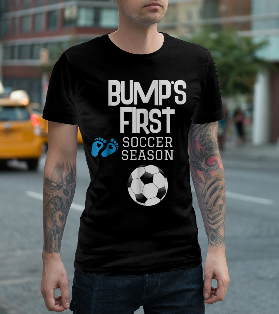 Bump's First Soccer Season New Mom to Be with Baby Footprints and Soccer Ball T-Shirt