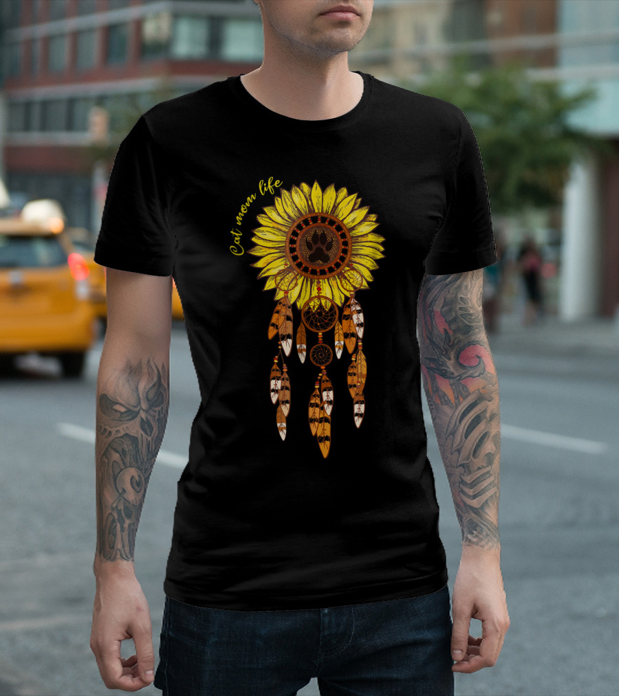 Cat Mom Life Sunflower Dreamcatcher Pawprint Hippie Girl T-Shirt
