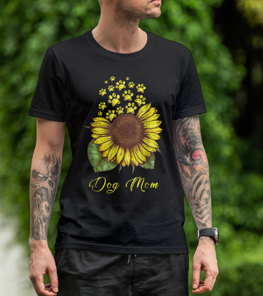 Dog Mom Sunflower With Paw Print Accents T-Shirt