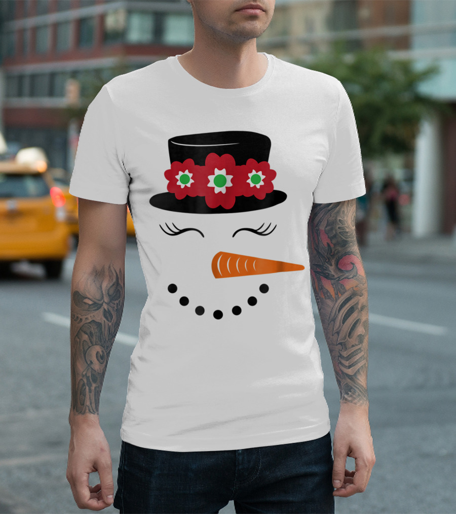 Family Christmas Card Snowman Woman with Hat and Flowers Mom Girl25 T-Shirt