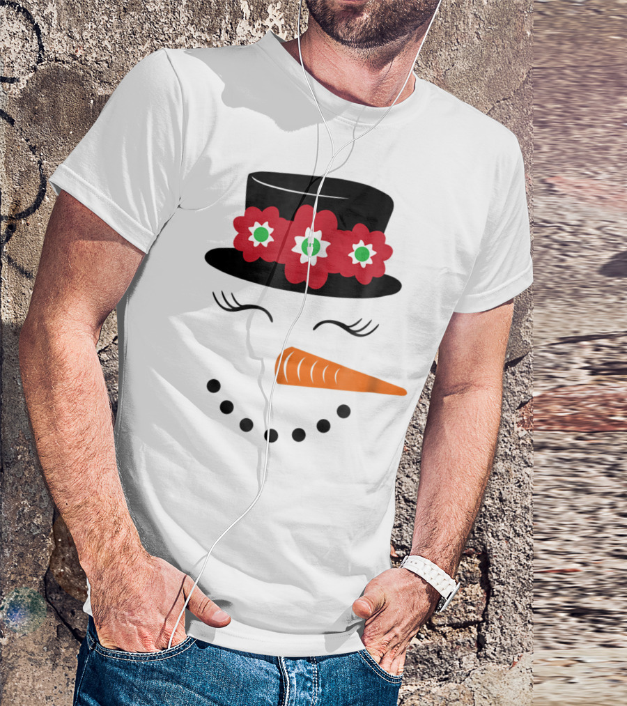 Family Christmas Card Snowman Woman With Hat And Flowers Mom Girl25 T-Shirt