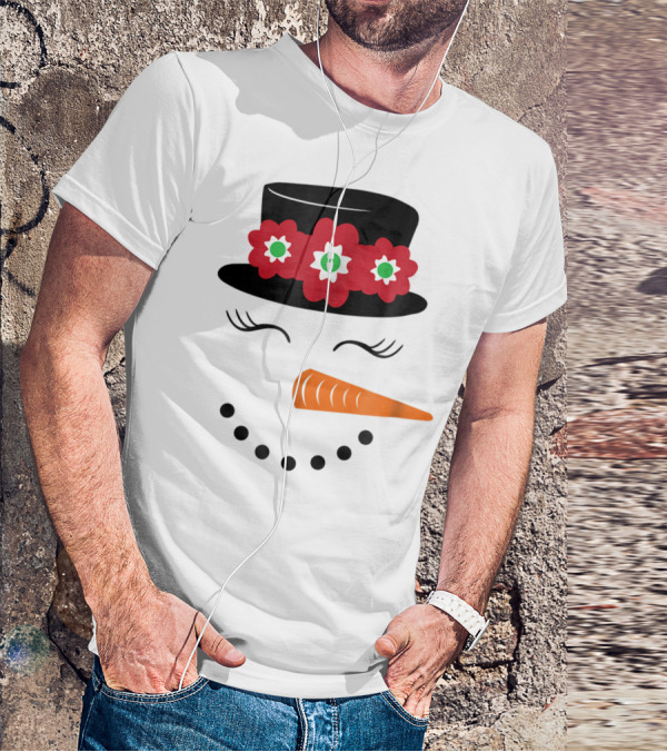 Family Christmas Card Snowman Woman With Hat And Flowers Mom Girl25 T-Shirt