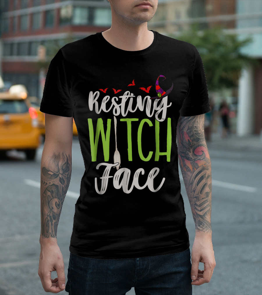 Resting Witch Face Halloween Teacher Mom Wife81 Broom Hat Bats T-Shirt