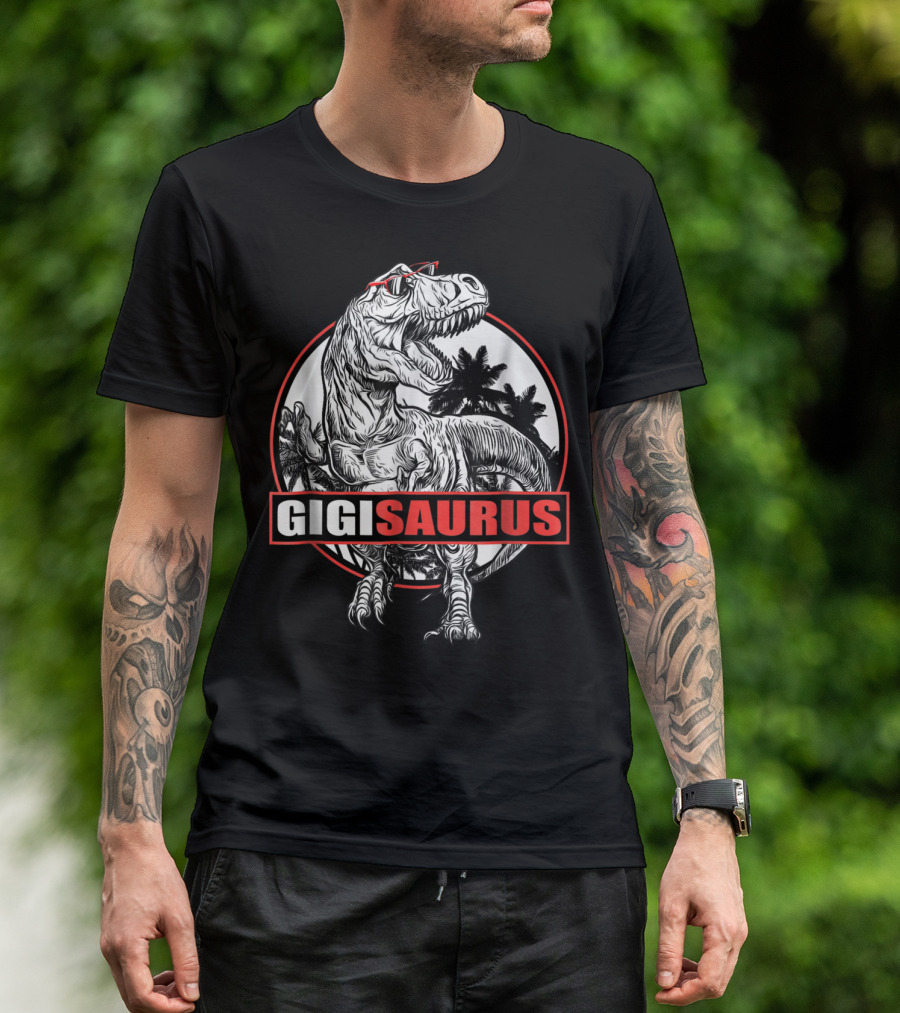 GigiSaurus Dinosaur Gigi Saurus T-Rex Palm Trees Red Glasses Circle T-Shirt