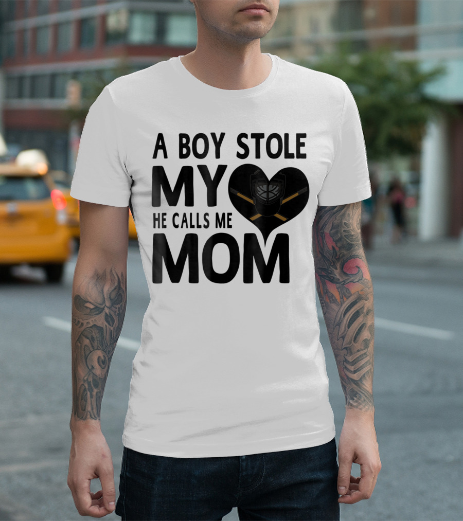 A Boy Stole My Heart He Calls Me Mom Hockey Heart Mask T-Shirt