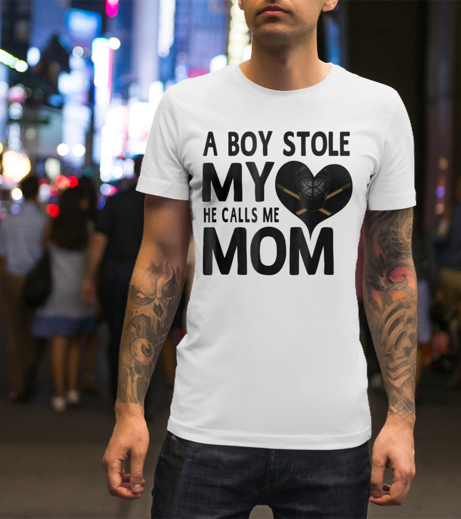 A Boy Stole My Heart He Calls Me Mom Hockey Heart Mask T-Shirt
