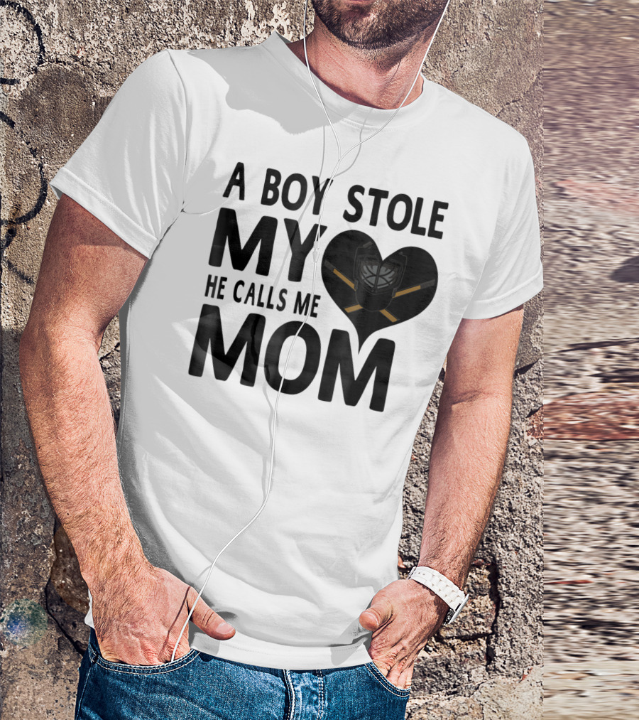 A Boy Stole My Heart He Calls Me Mom Hockey Heart Mask T-Shirt