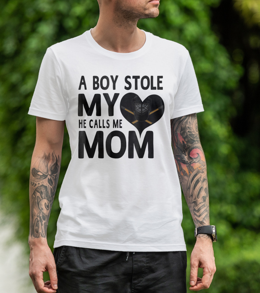 A Boy Stole My Heart He Calls Me Mom Hockey Heart Mask T-Shirt