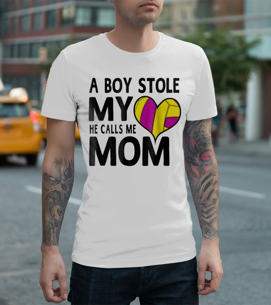 A Boy Stole My Heart He Calls Me Mom Volleyball Heart T-Shirt