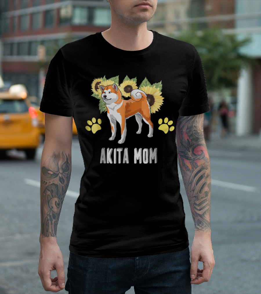 Akita Mom Sunflower with Paw Print Elements T-Shirt