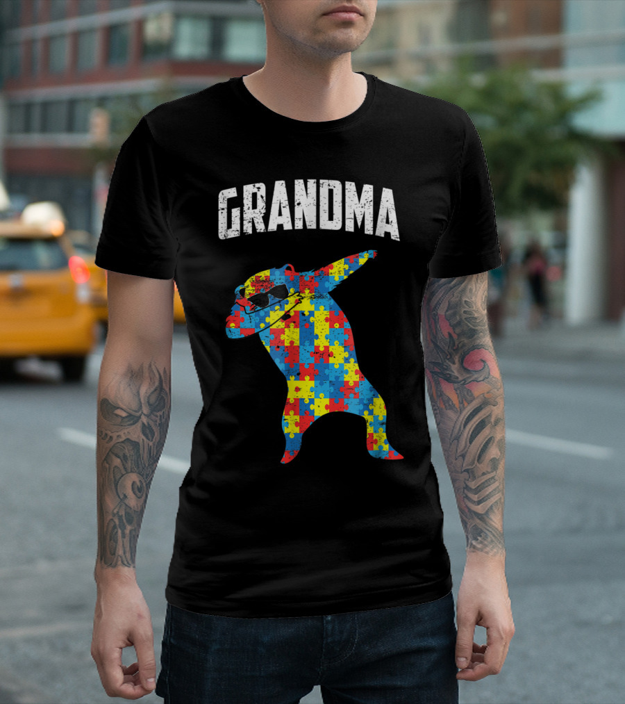 Dabbing Autism Puzzle Bear with Glasses Grandma T-Shirt