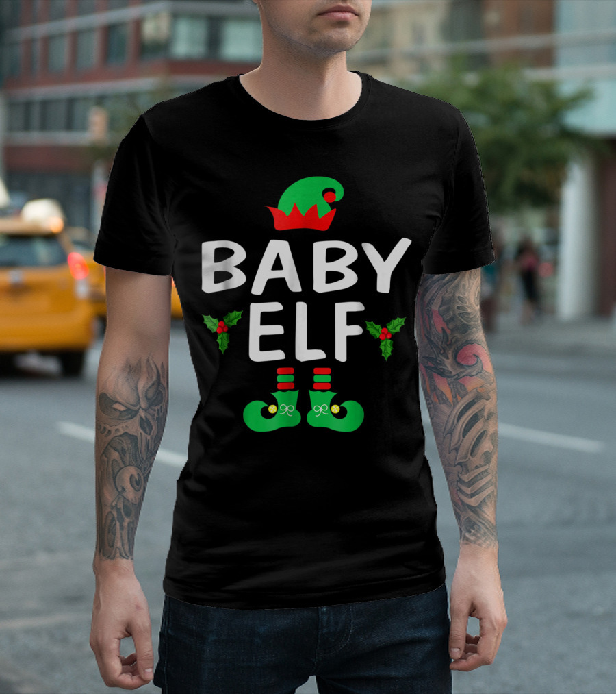BABY ELF Christmas Green Hat Holly Boots T-Shirt