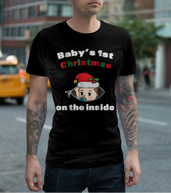 Baby's 1st Christmas On The Inside Mom To Be Santa Hat Zipper T-Shirt